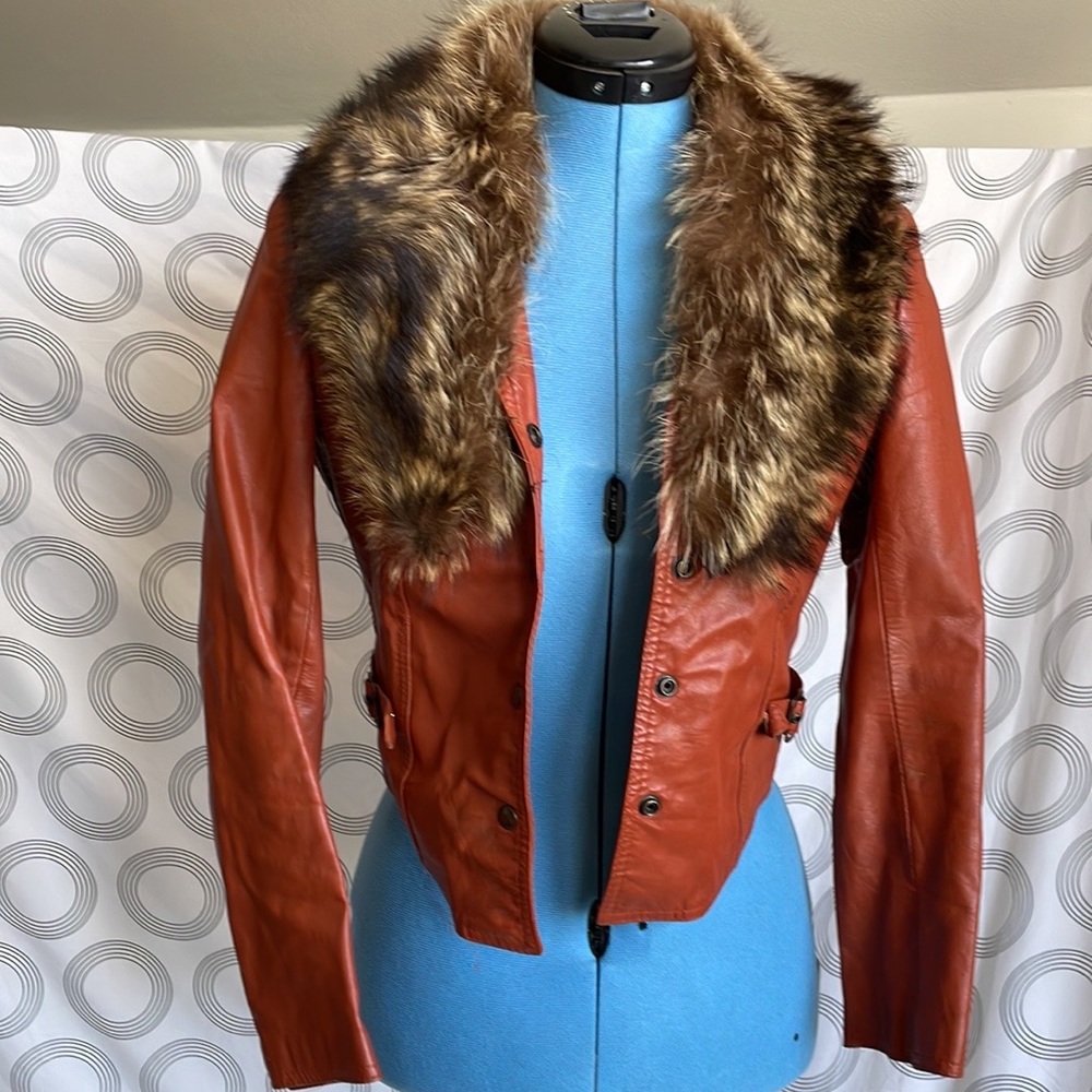 Vintage 100% leather and fur cropped jacket